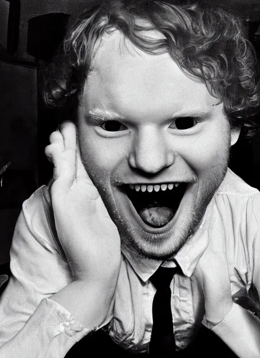 Prompt: creepy Ed Sheeran with a scary comically large smile, 1940s scare tactic propaganda art