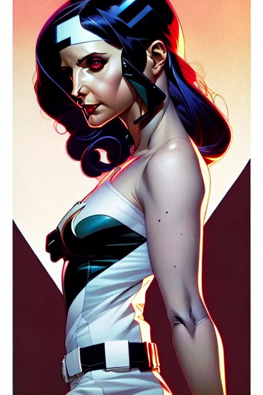 Prompt: artgerm, joshua middleton comic cover art, pretty domino marvel comics sarah michelle gellar entire full body, white skin, asymmetrical black spot covering left eye, no spot right eye, symmetrical eyes, symmetrical face