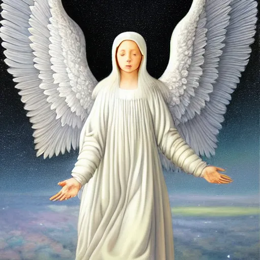 Prompt: highdetailed hyperrealistic painting of white angel!!! no gender smiling noface!!!, light instead of hands, white sparkles everywhere, 4 k hd face!!!, big silver high detailed wings!!!, renaissance, by jan van eyck, holography space, glow effect, large strokes, monochrome!!!!!, digital painting