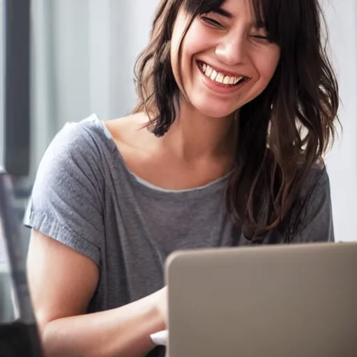 Prompt: Woman smiling contently in joy using a computer, Candid shot, Canon EOS, ArtStation