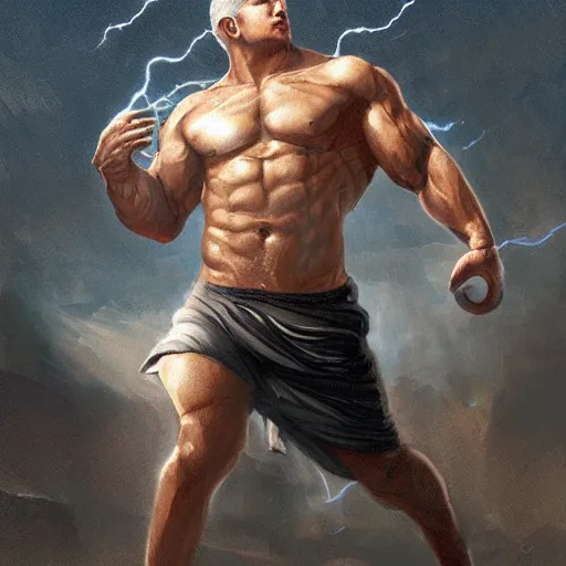 Image similar to benjamin netanyahu as a buff greek god of lightning, shooting lightning bolts from hands, highly detailed, ultra clear, by artgerm and greg rutkowski