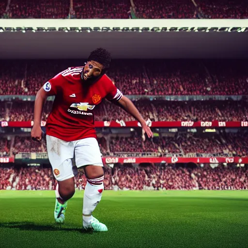 Image similar to morbidly obese men playing for man united, photorealistic, 4 k, dramatic, sharp focus