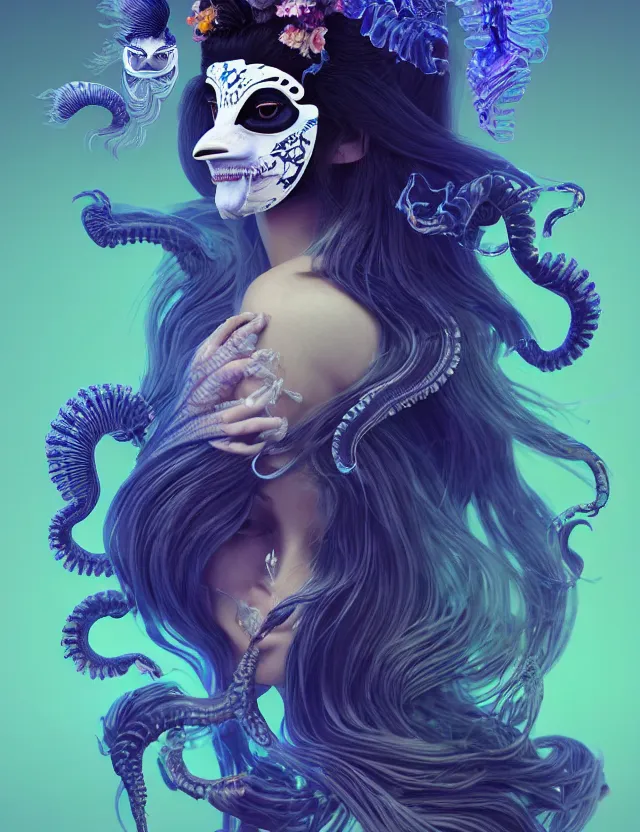 Image similar to 3 d slvic goddess half - turn portrait with long hair with ram skull. beautiful intricately detailed japanese crow kitsune mask and clasical japanese kimono. betta fish, jellyfish phoenix, bio luminescent, plasma, ice, water, wind, creature, artwork by tooth wu and wlop and beeple and greg rutkowski