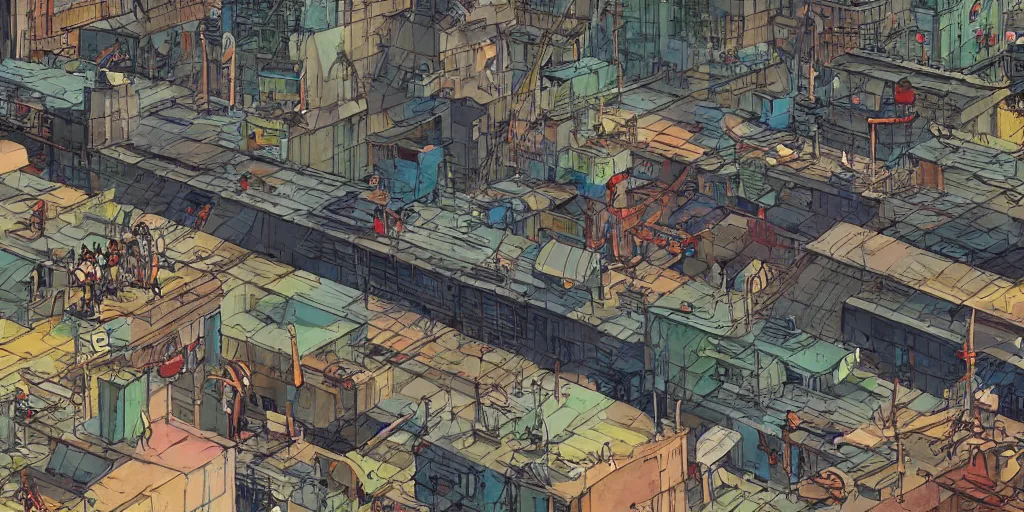 Prompt: a film still from Tekkonkinkreet by Ian McQue , seen from roof terrace of favela city, insane multiple overpass city interchange, a mile wide under construction, looms overhead and casts shadow, vibrant, 50mm lens, video game character and environment design, 2d game lineart behance hd, studio, dramatic lighting, cinematic, global illumination, trending on Artstation, bloom
