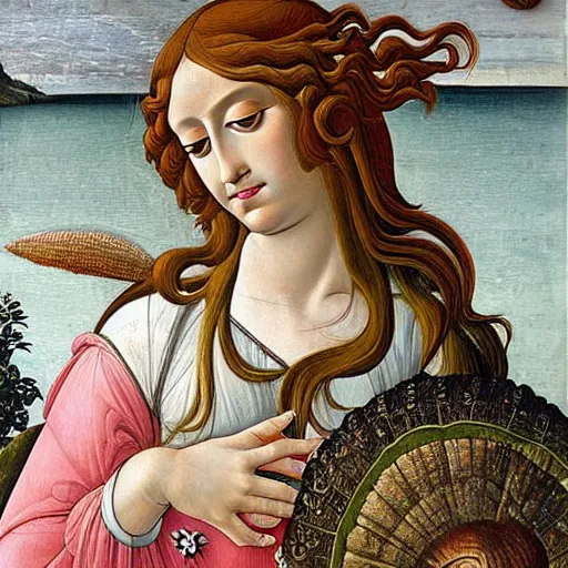 Image similar to an ultradetailed mythological oil painting of a beautiful goddess with long brown hair, full body, wearing pink floral chiton, sleeping on a giant scallop shell, near the seashore, intricate lines, elegant, renaissance style, by sandro botticelli