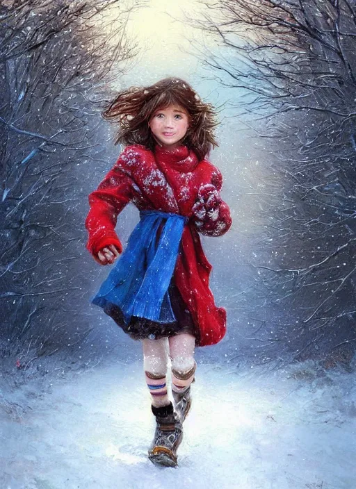 Prompt: a seven year old girl with short wavy curly light brown hair and blue eyes wearing colorful winter clothes is running in a snowy field. beautiful painting by artgerm and greg rutkowski