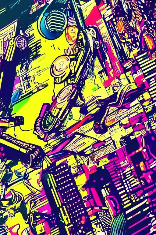 Image similar to futuristic japanese cyberpunk by roy lichtenstein, by andy warhol, ben - day dots, pop art, bladerunner pixiv contest winner, cyberpunk style, cyberpunk color scheme, mechanical, high resolution, hd, intricate detail, fine detail, 8 k