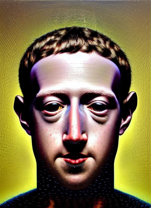 Image similar to hyper detailed 3d render like an Oil painting - Portrait of Mark Zuckerberg as a cyborg by Jacek Yerka, Mariusz Lewandowski, Houdini algorithmic generative render, Abstract brush strokes, Masterpiece, Edward Hopper and James Gilleard, Zdzislaw Beksinski, Mark Ryden, Wolfgang Lettl, hints of Yayoi Kasuma, octane render, 8k