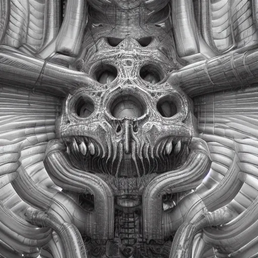 Image similar to HYPER REALISTIC VFX SIMULATION of one of H.R GIGER'S works, INTRICATELY DETAILED 3D OCTANE RENDER