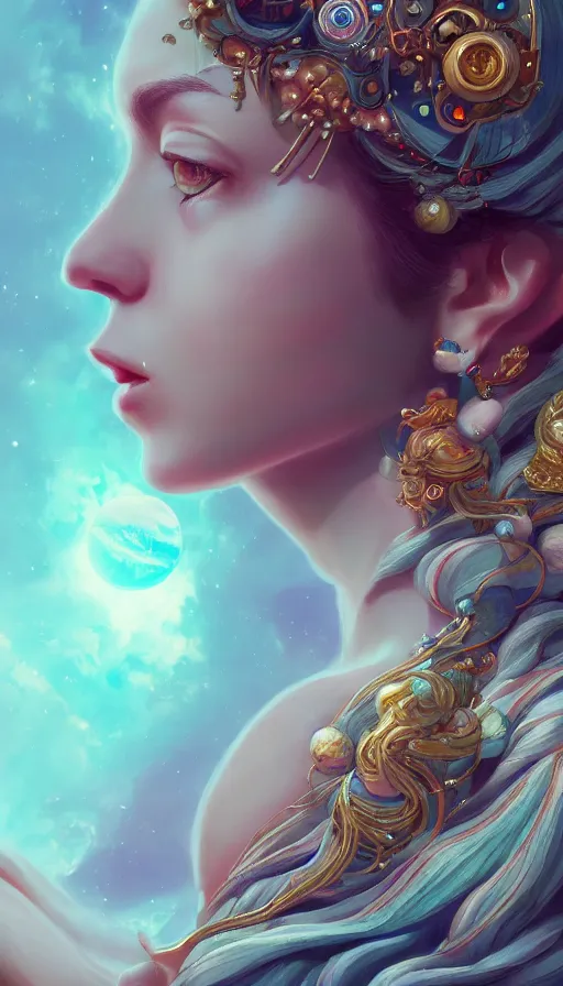 Prompt: a beautiful goddesses, profile, planets, sky, dream, highly detailed, digital painting, refreshing, trending on artstation, octane render, hyper realistic, illustration by james jean