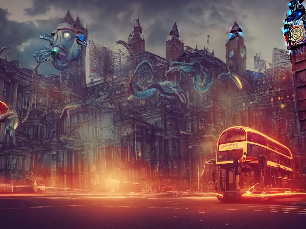 Image similar to an ancient beautiful cyborg with glowing eyes in the city of London, a cyborg with tentacles from it's head, part machine, westminster in background, london bus, colourful, dramatic lighting, golden hour, very detailed octane render very realistic beautiful