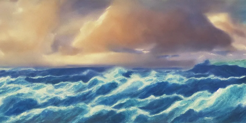 Image similar to a beautiful painting of iceland, storm clouds gathering over the sea, by studio ghibli 8 k pastel colours, smeared watercolours, golden light film grain