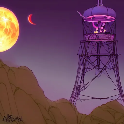 Prompt: don bluth, artgerm, joshua middleton, purple color pallete, welcome to night vale, radio tower with black hole above it, helicopter, spooky strange weird quirky, cartoon, 2 d, chiral lighting