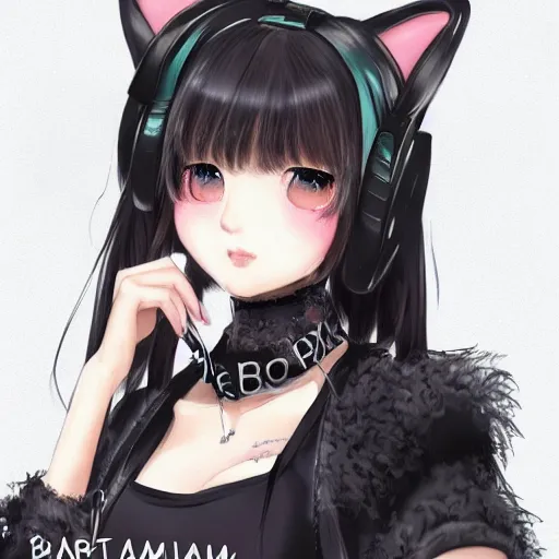 Prompt: realistic beautiful gorgeous buxom natural cute blushed shy girl Blackpink Lalisa Manoban black hair fur black cat ears, wearing white camisole, headphones, black leather choker artwork drawn full HD 4K highest quality in artstyle by professional artists WLOP, Taejune Kim, Guweiz, Aztodio on Pixiv Instagram Artstation