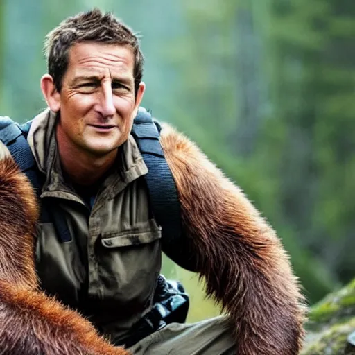 Image similar to film still of bear grylls in a bear costume