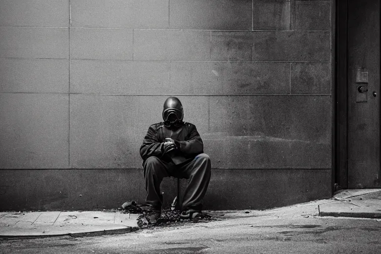 Prompt: street photography of man in gas mask sitting in a foggy alley By Emmanuel Lubezki