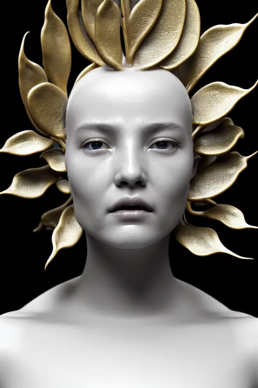 Image similar to bw contrasted close - up profile face, black background, beautiful young porcelain vegetal - dragon - cyborg - female, 1 5 0 mm, beautiful natural soft rim light, silver gold details, magnolia leaves and stems, roots, mandelbot fractal, elegant, ultra detailed, white metallic armour, octane render, h. r. giger style