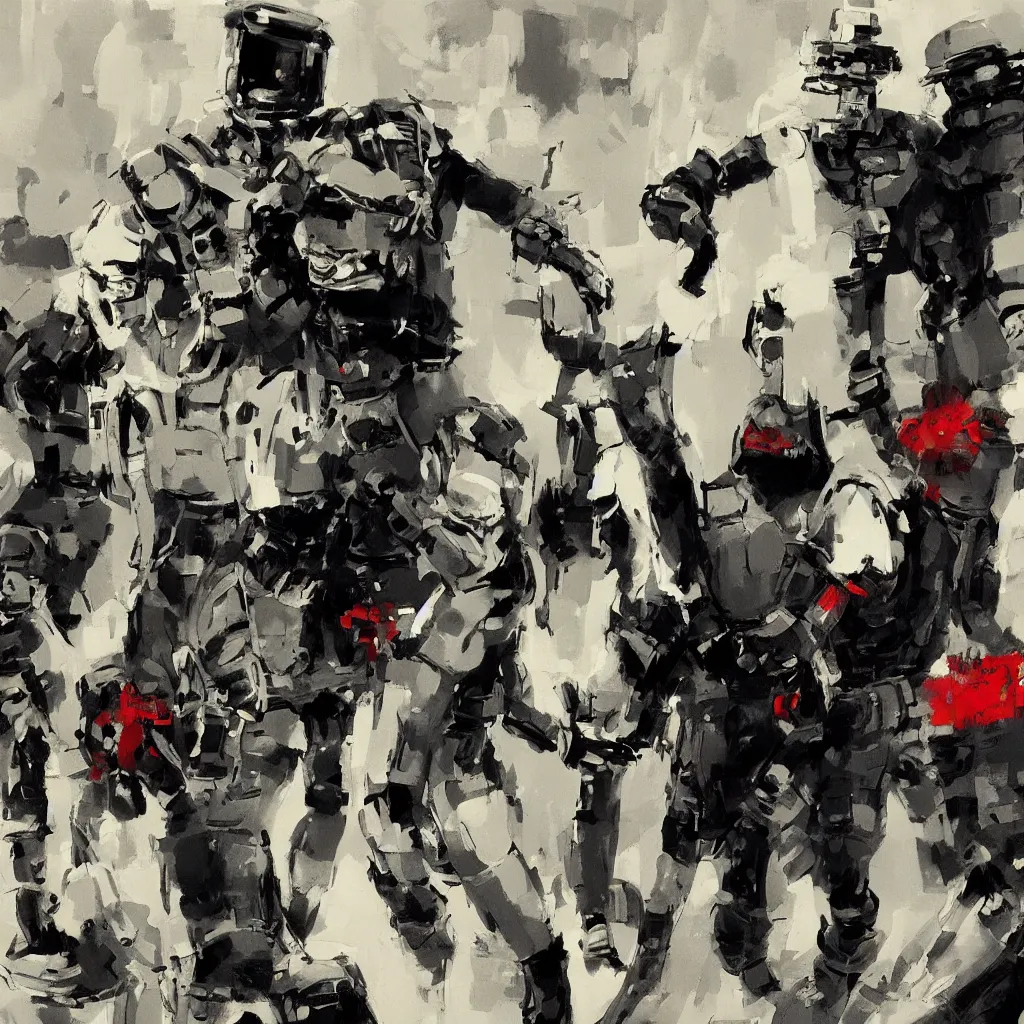 Image similar to a robot cop arresting people, painted by ashley wood