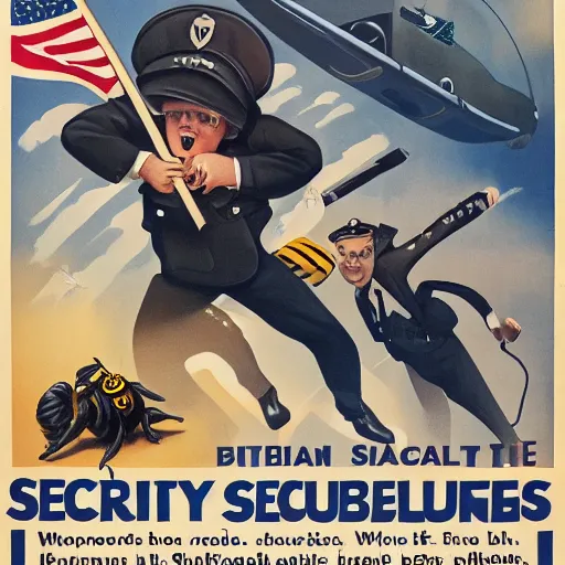 Image similar to + a security guard slumps sleeping at a computer + while a bumblebee carries a brown briefcase in the background, highly detailed, ww 2 american propoganda poster, colorized