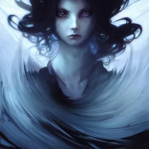 Image similar to Despair is a hue created with swirls of black gouache, hopeless grey, and a daub of cold blue, intricate, highly detailed, digital painting, artstation, concept art, smooth, sharp focus, illustration, Unreal Engine 5, 8K, art by artgerm and greg rutkowski and alphonse mucha, fantasy epic digital art, epic fantasy card game art