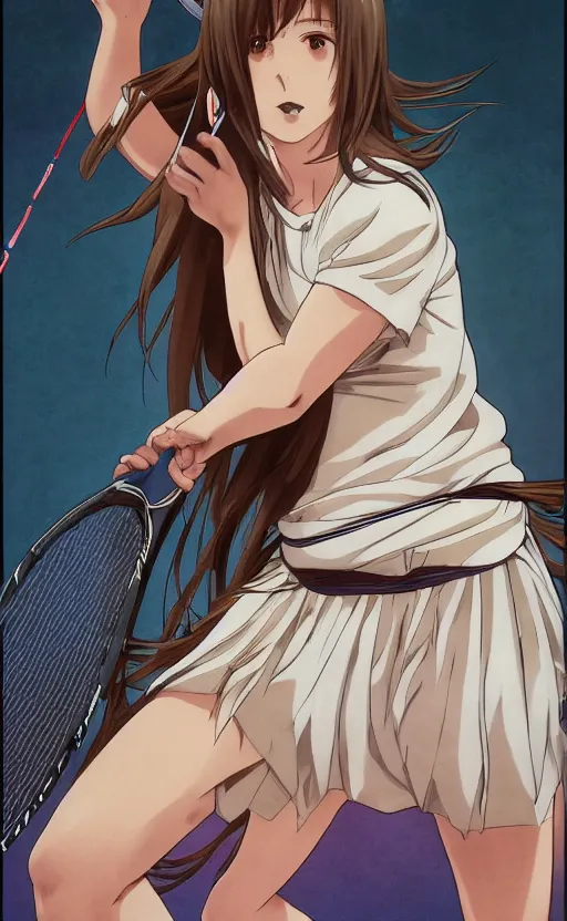 Image similar to badminton player, trading card front, anime style, long hair, hair down, symmetrical facial features, hanebado, hyper realistic, pale skin, 4 k, rule of thirds, extreme detail, detailed drawing, trending artstation, hd, fantasy, d & d, realistic lighting, by alphonse mucha, greg rutkowski, sharp focus, backlit