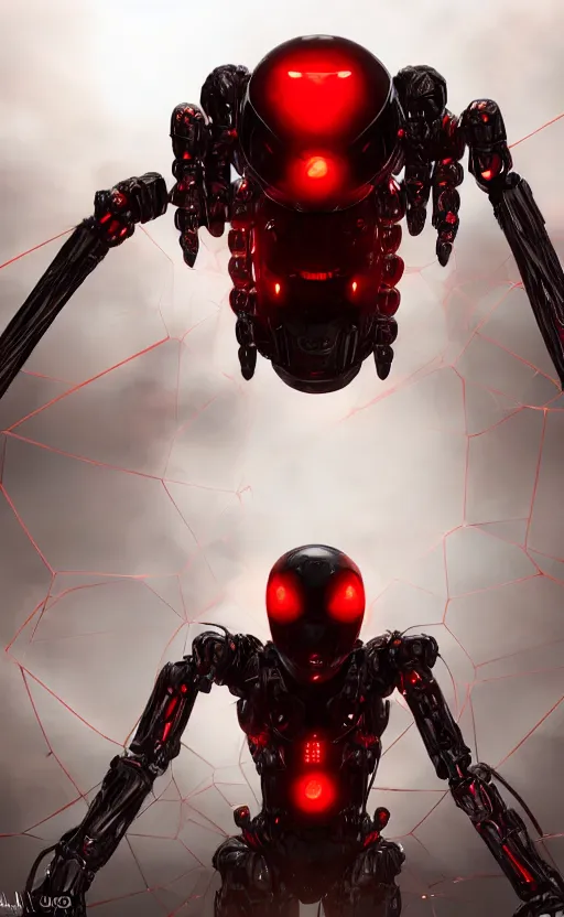 Prompt: a robot humanoid spider with 4 arms with claws, glowing red eyes, in a black carbon and red fiber armor, smiling creepily, dynamic lighting, photorealistic fantasy concept art, trending on art station, stunning visuals, creative, cinematic, ultra detailed
