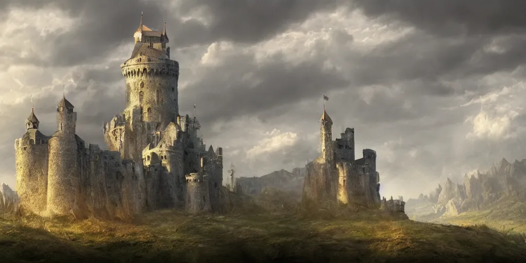 Image similar to matte painting, castle, dramatic landscape