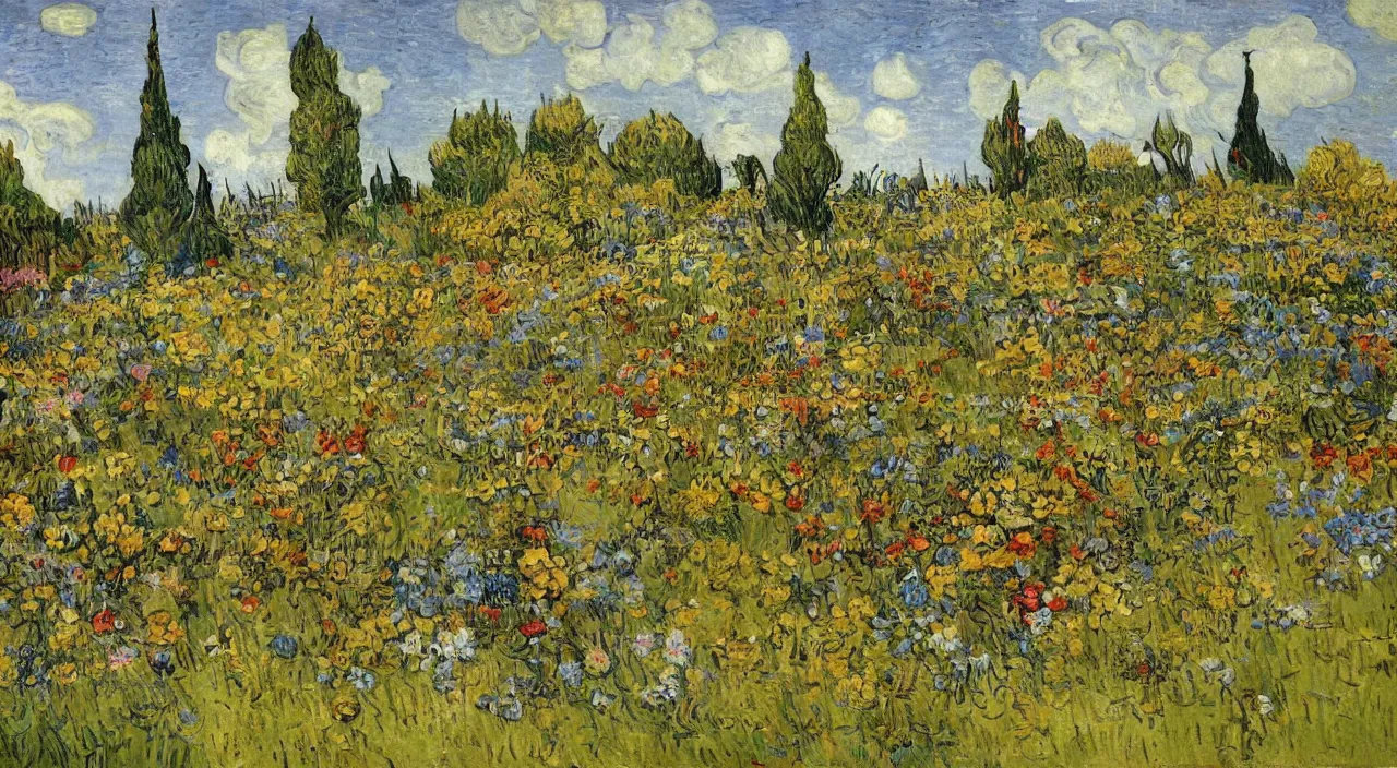 Image similar to painting of a graveyard adorned with flowers in a cemetary by van gogh, beautiful sunny day