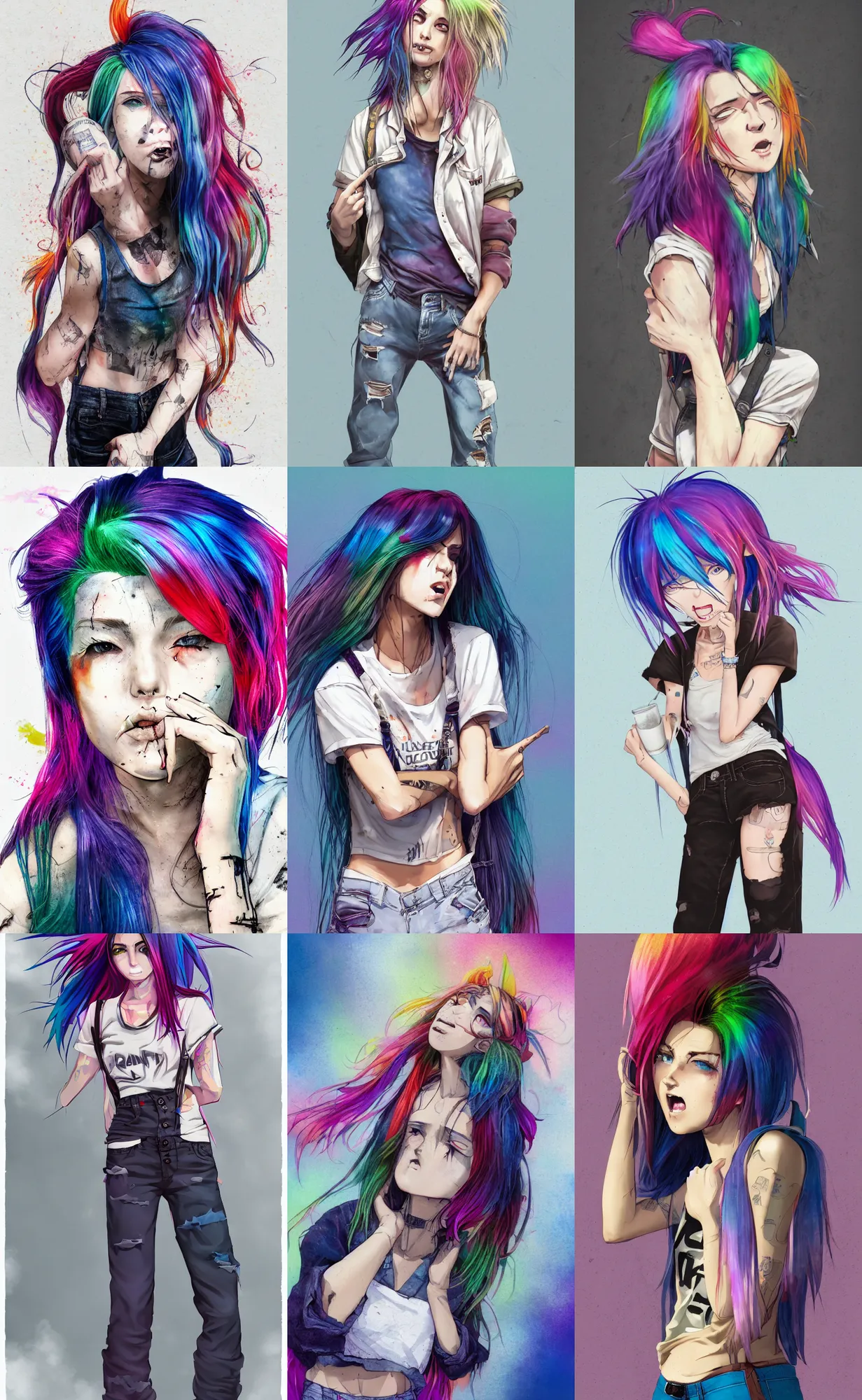 Prompt: a grungy woman with rainbow hair, drunk, angry, soft eyes and narrow chin, dainty figure, long hair straight down, torn kawaii shirt and baggy jeans, basic white background, bra strap, mid riff, symmetrical, single person, style of by Jordan Grimmer and greg rutkowski, crisp lines and color,
