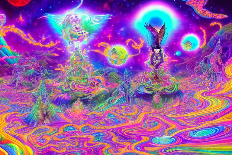 Image similar to a psychedelic realm at the edge of existence where intensely creative astral beings exist, in the style of WLOP, lisa frank, and masashi kishimoto, illustration, epic, fantasy, hyper detailed, smooth, unreal engine, sharp focus, ray tracing