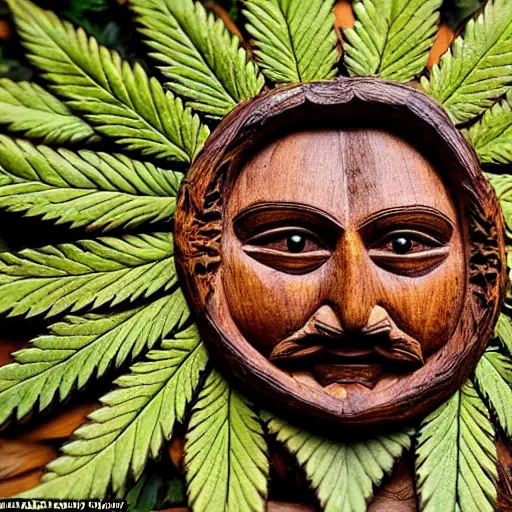 Image similar to deeply carved and stained, highly detailed wood carving depicting the face of the green man, as if made of cannabis fan leaves, resting in a bed of real cannabis leaves