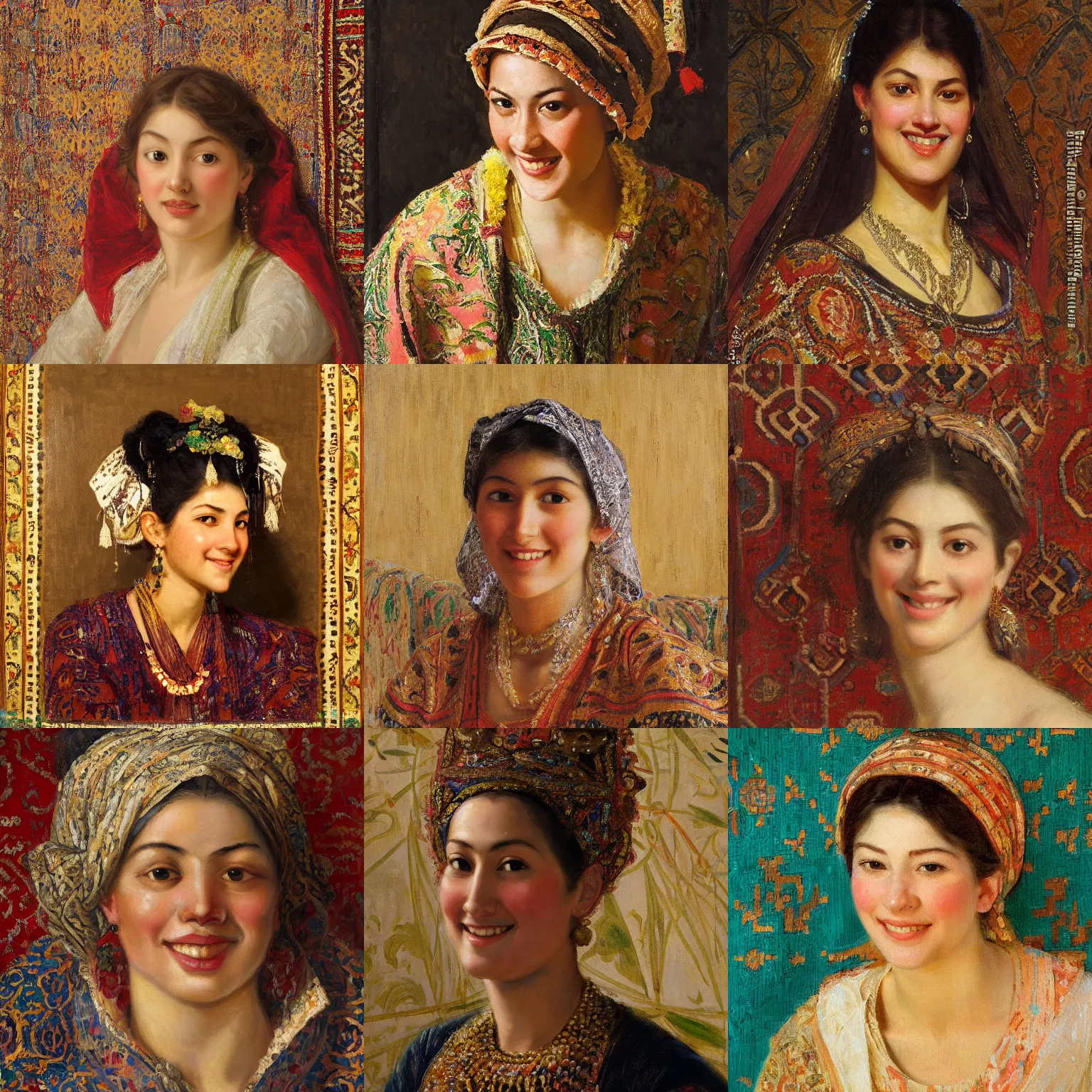 Prompt: orientalism face detail of a pretty young woman smiling slightly and posing in front of an intricately patterned carpet by theodore ralli and nasreddine dinet and anders zorn and nikolay makovsky and edwin longsden long, oil on canvas, masterful intricate artwork, excellent lighting, high detail 8 k