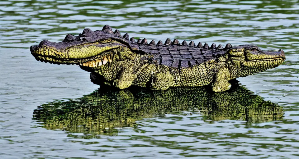 Image similar to an alligator wearing a dress