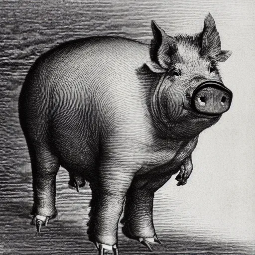 Prompt: closeup portrait of a pig in a tuxedo, dramatic lighting, farm background, moon, chiaroscuro, high detail, illustration by gustave dore