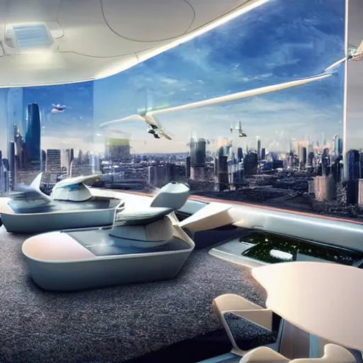 Prompt: futuristic penthouse view on city flying cars