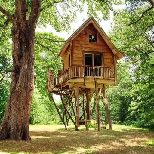 Image similar to treehouse in the countryside on a sunny day, peaceful, brush strokes