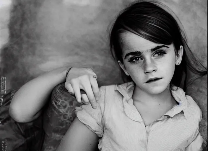 Image similar to professional fine detailed photo portrait of young emma watson from makhachkala, dagestan. kid emma watson in the postsoviet suburbia, iphone photo, instagram, black and white - - cfg _ scale 7