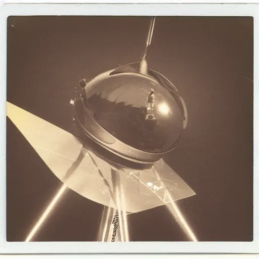 Prompt: old polaroid depicting an metallic alien probe, at a clearing