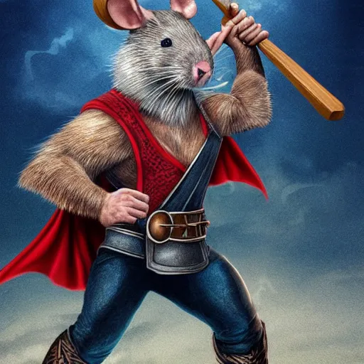 Image similar to the rat thor ~ holding his hammer ~ dramatic thunder background ~ fighting scene ~