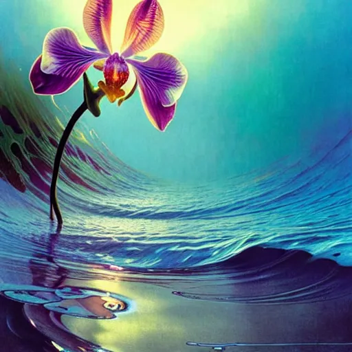 Image similar to detailed giant orchid flower surrounded by ocean wave, lsd water, ripples, transparent droplets, backlit, sunset, refracted lighting, art by collier, albert aublet, krenz cushart, artem demura, alphonse mucha