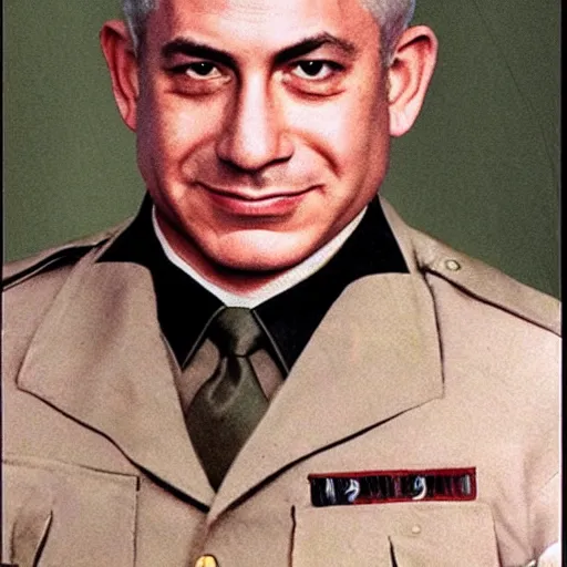 Prompt: benjamin netanyahu in a nazi uniform, epic image, red armband