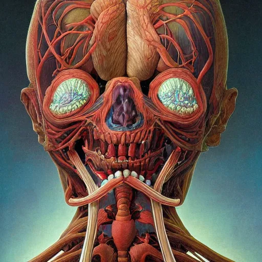 Image similar to nightmare etherreal iridescent vascular nerve bundles pearlescent spinal chord horror by Naoto Hattori, Zdzislaw, Norman Rockwell, Studio Ghibli, Anatomical cutaway