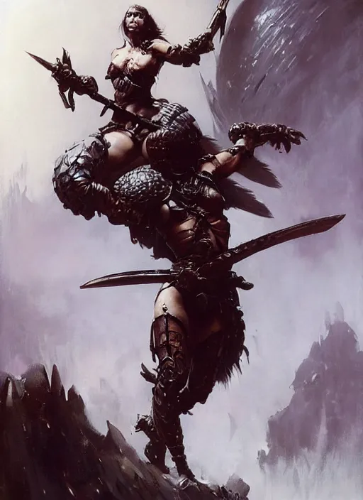 Image similar to A full portrait of a beautiful armored berserker woman, dragging an oversize Gothic claymore into battle, by Frank Frazetta, Greg Rutkowski, Boris Vallejo, epic fantasy art, Exquisite detail, post-processing, masterpiece, cinematic