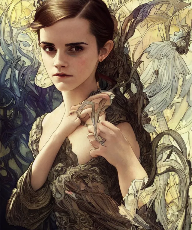 Image similar to Emma Watson as Lucifer morningstar, highly detailed, digital painting, artstation, concept art, smooth, sharp focus, illustration, ArtStation, art by artgerm and greg rutkowski and alphonse mucha and J. C. Leyendecker and Edmund Blair Leighton and Katsuhiro Otomo and Geof Darrow and Phil hale and Ashley wood and Ilya repin and Charlie Bowater