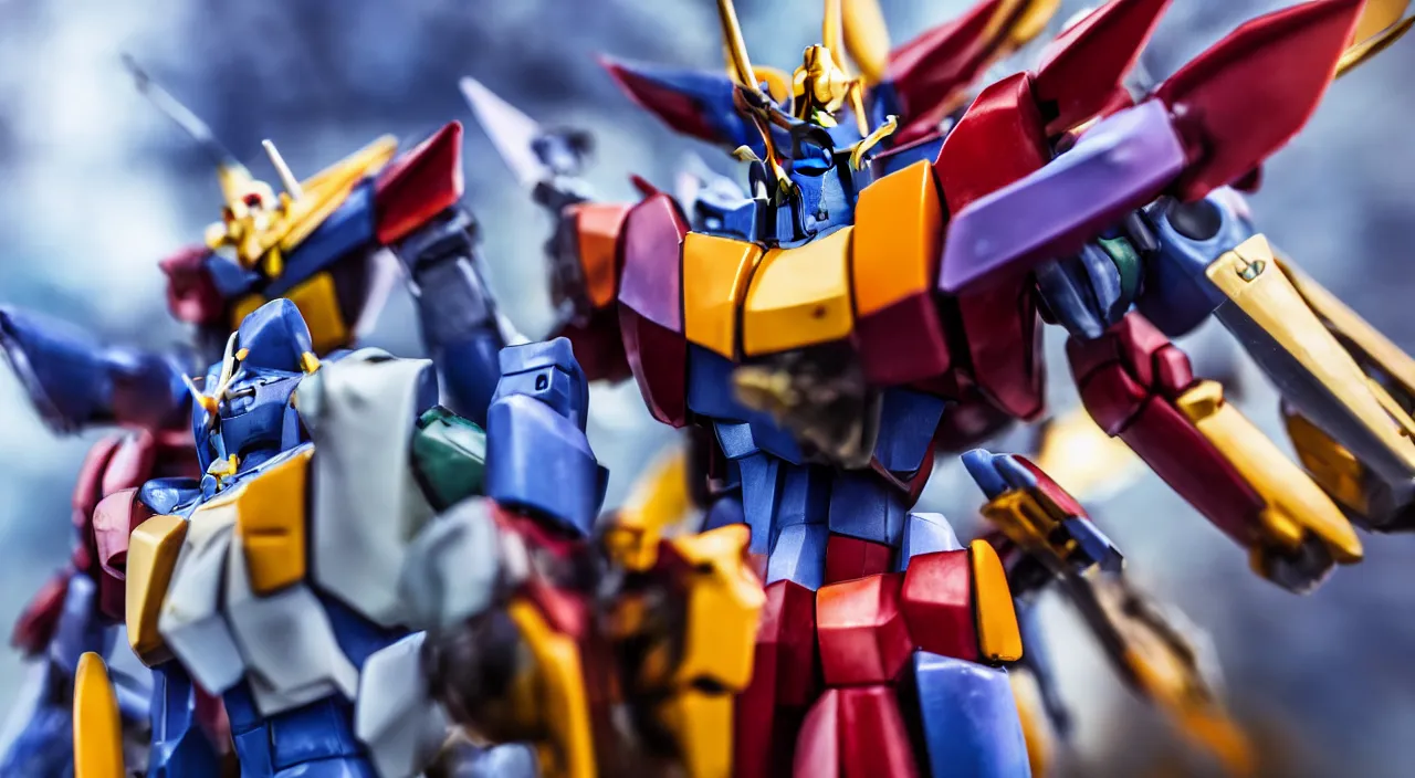 Image similar to medium close up view, Gundam,Guyver,colourful,bokeh,blur,cinematic lighting