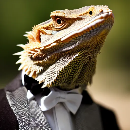 Prompt: dslr portrait still of a bearded dragon wearing a top hat and bow tie, 8 k 8 5 mm f 1. 4