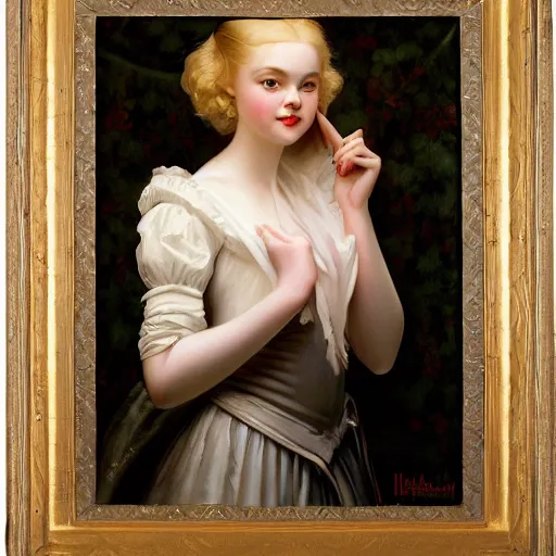 Prompt: Painting of Elle Fanning as a princess, long blonde hair, delicate, pale milky white porcelain skin, by Leyendecker and Norman Rockwell