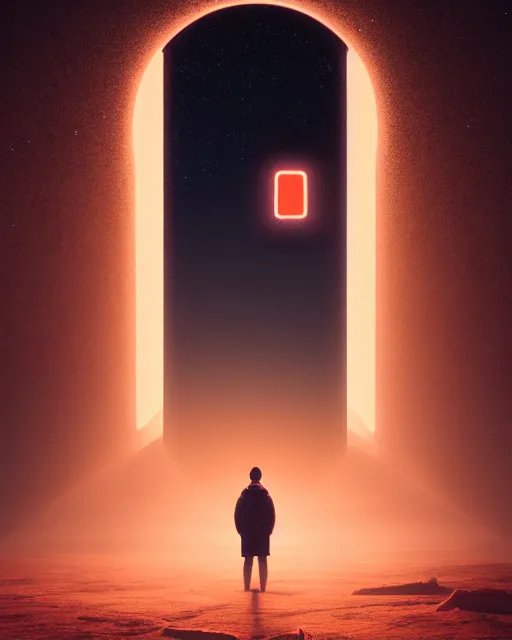 Image similar to a person standing in front of a glowy open door that's on a barren moon, poster art by mike winkelmann, trending on cg society, space art, sci - fi, ue 5, futuristic, volumetric lighting