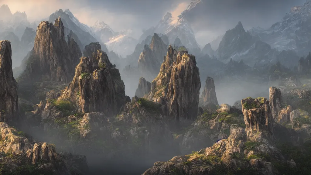 Image similar to epic landscape with large mountains and pillars of rock emerging from the ground, cinematic, light mist, volumetric lighting, hyperrealistic, detailed, 4 k hd