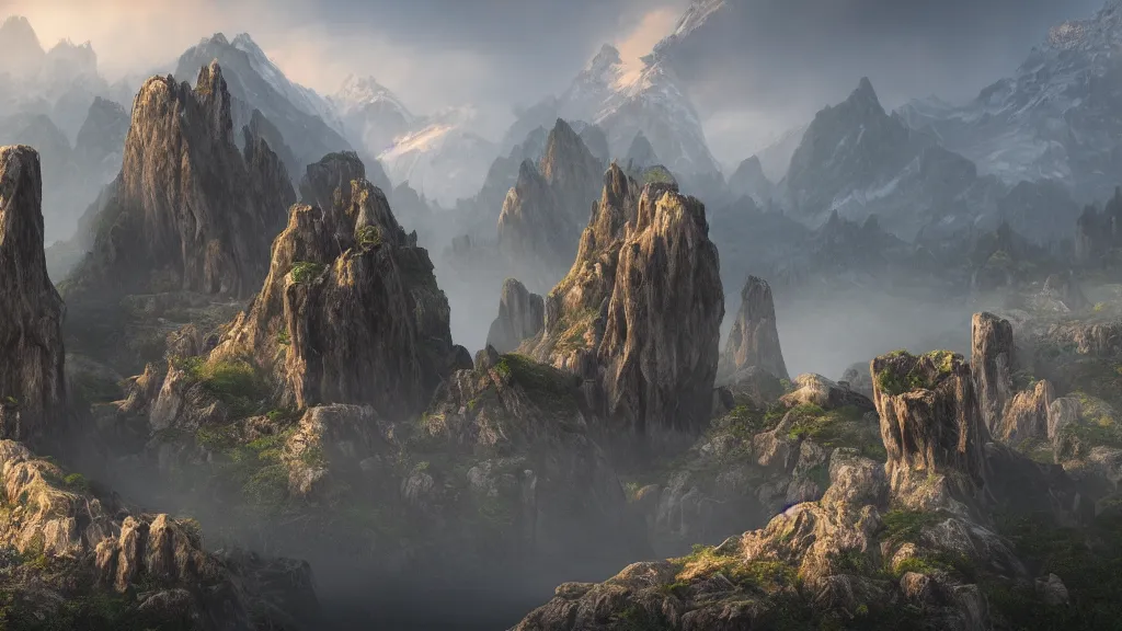 Prompt: epic landscape with large mountains and pillars of rock emerging from the ground, cinematic, light mist, volumetric lighting, hyperrealistic, detailed, 4 k hd